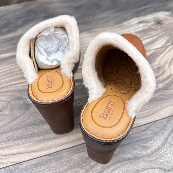 NIB Born Hope 8M Shearling-Lined Open Back Heeled Leather Clogs Brown Tan - Picture 8 of 11